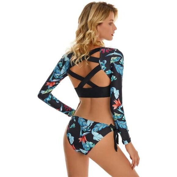 Women's Long Sleeve Rash Guard Swim Shirt Tankini Set UPF 50+ Quick-Dry - Picture 2 of 7
